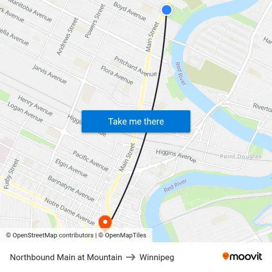 Northbound Main at Mountain to Winnipeg map