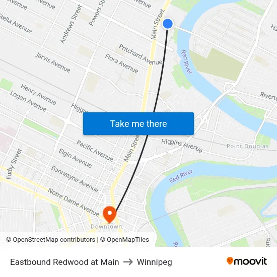 Eastbound Redwood at Main to Winnipeg map