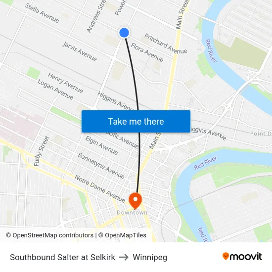 Southbound Salter at Selkirk to Winnipeg map