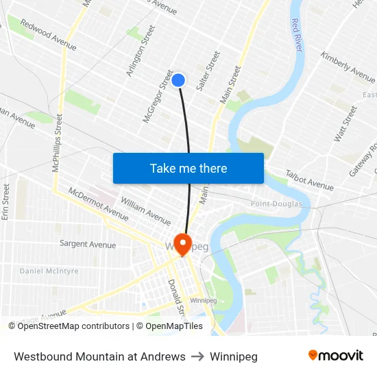 Westbound Mountain at Andrews to Winnipeg map