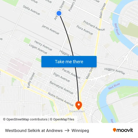 Westbound Selkirk at Andrews to Winnipeg map