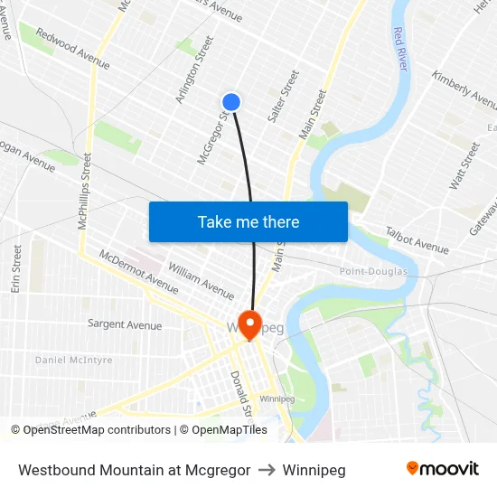 Westbound Mountain at Mcgregor to Winnipeg map