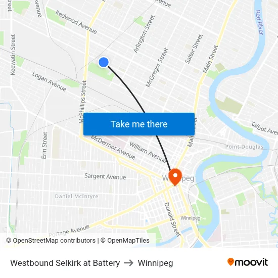 Westbound Selkirk at Battery to Winnipeg map