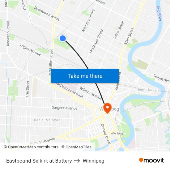 Eastbound Selkirk at Battery to Winnipeg map
