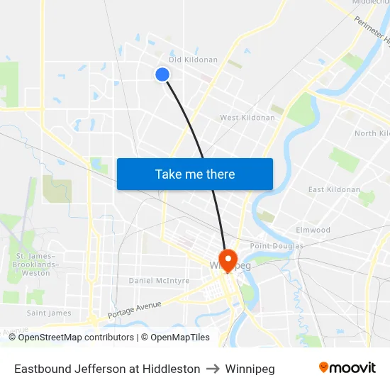 Eastbound Jefferson at Hiddleston to Winnipeg map
