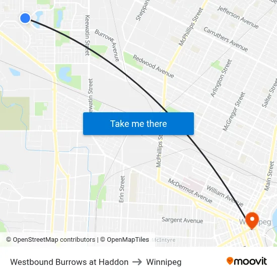 Westbound Burrows at Haddon to Winnipeg map