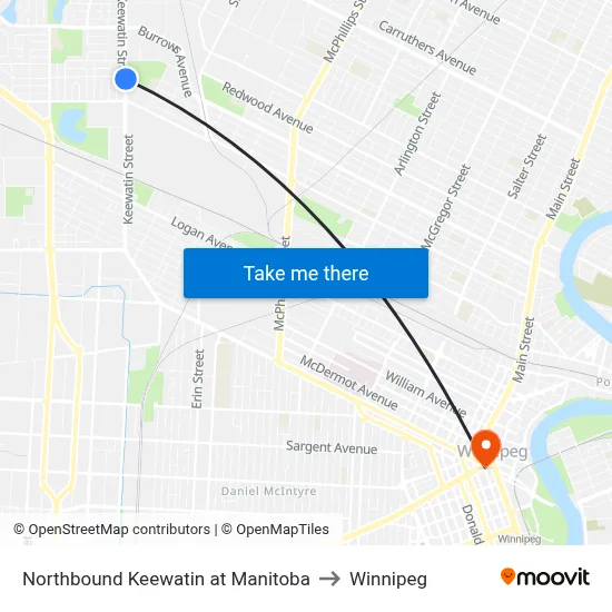 Northbound Keewatin at Manitoba to Winnipeg map