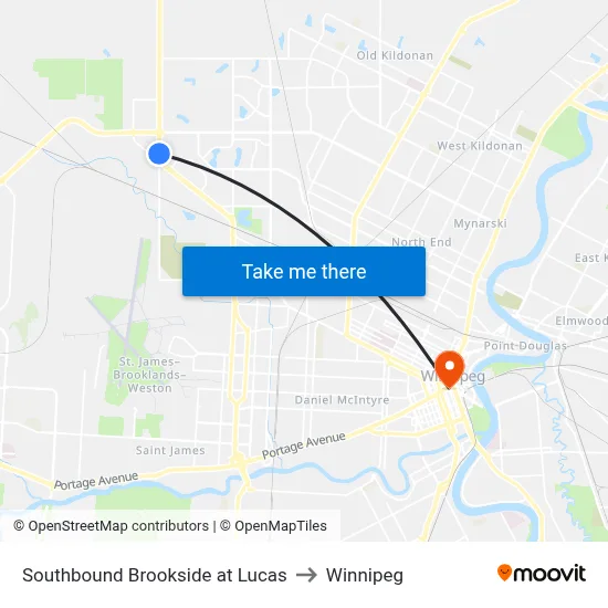 Southbound Brookside at Lucas to Winnipeg map