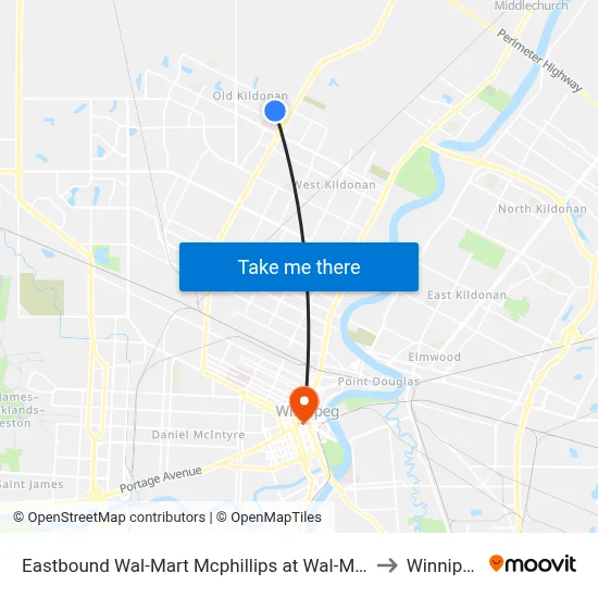 Eastbound Wal-Mart Mcphillips at Wal-Mart to Winnipeg map
