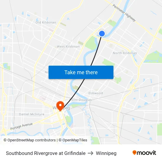 Southbound Rivergrove at Grifindale to Winnipeg map