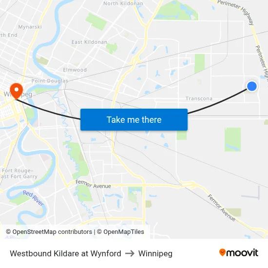 Westbound Kildare at Wynford to Winnipeg map