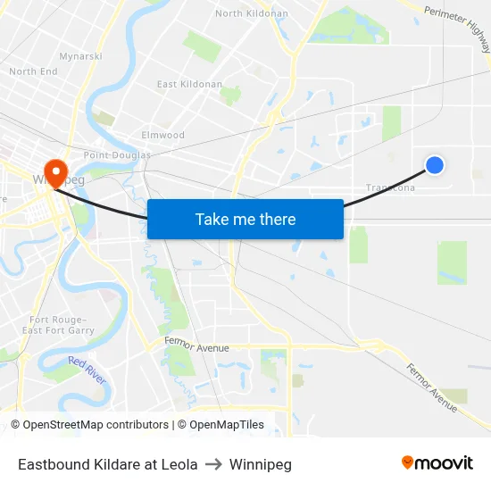 Eastbound Kildare at Leola to Winnipeg map