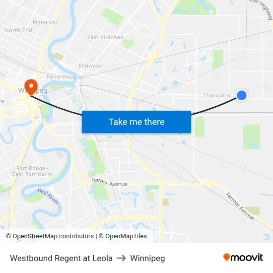 Westbound Regent at Leola to Winnipeg map