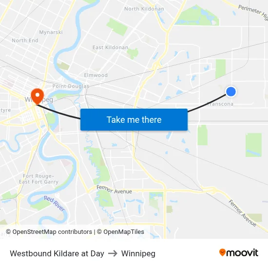 Westbound Kildare at Day to Winnipeg map