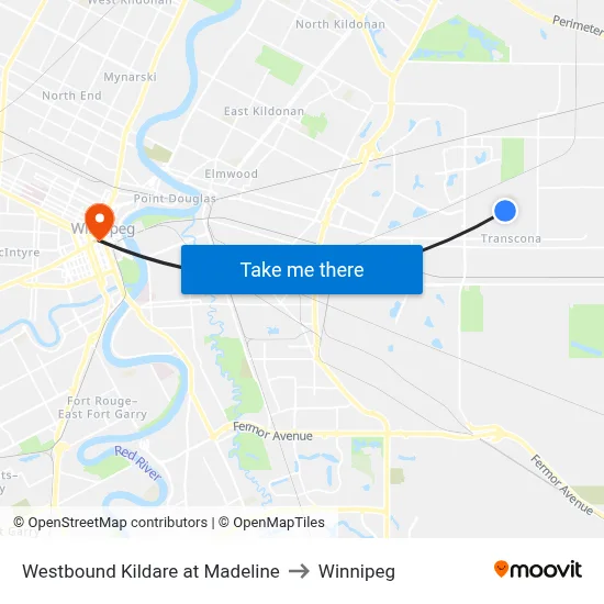 Westbound Kildare at Madeline to Winnipeg map