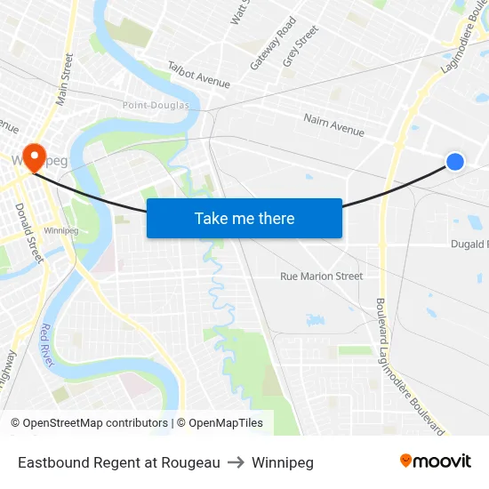 Eastbound Regent at Rougeau to Winnipeg map