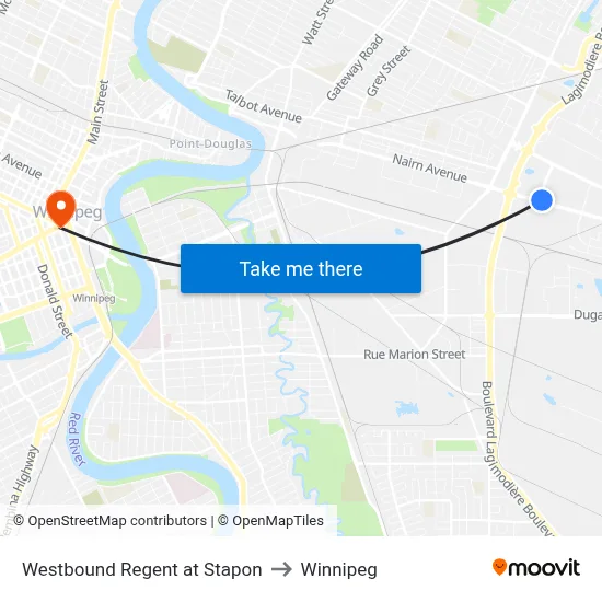 Westbound Regent at Stapon to Winnipeg map
