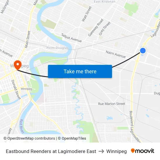 Eastbound Reenders at Lagimodiere East to Winnipeg map