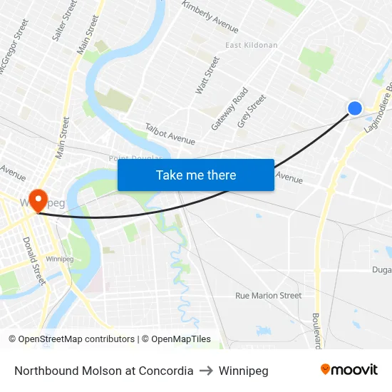 Northbound Molson at Concordia to Winnipeg map