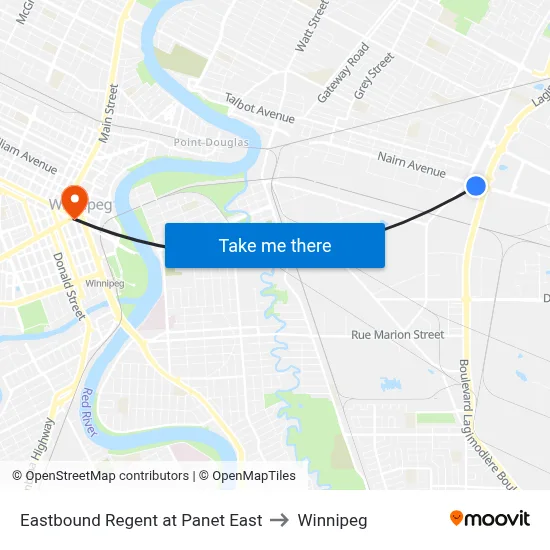 Eastbound Regent at Panet East to Winnipeg map