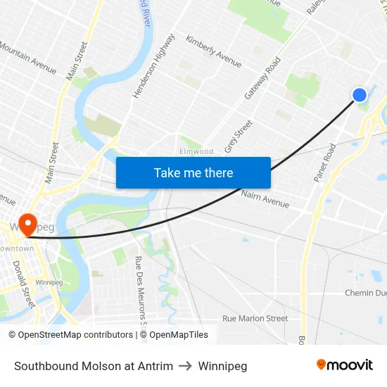 Southbound Molson at Antrim to Winnipeg map