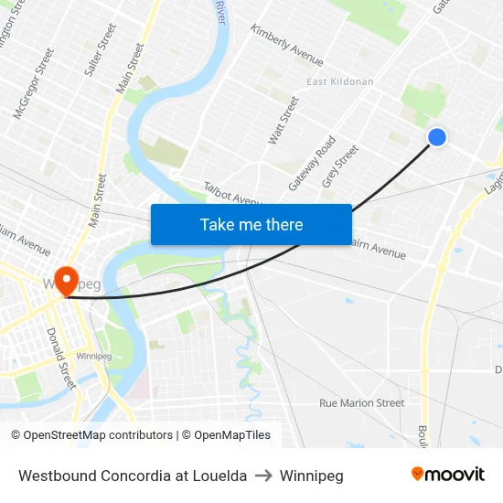 Westbound Concordia at Louelda to Winnipeg map