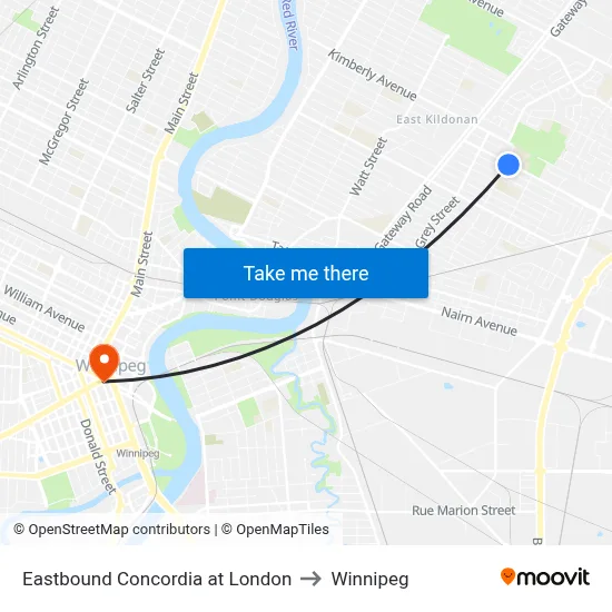 Eastbound Concordia at London to Winnipeg map