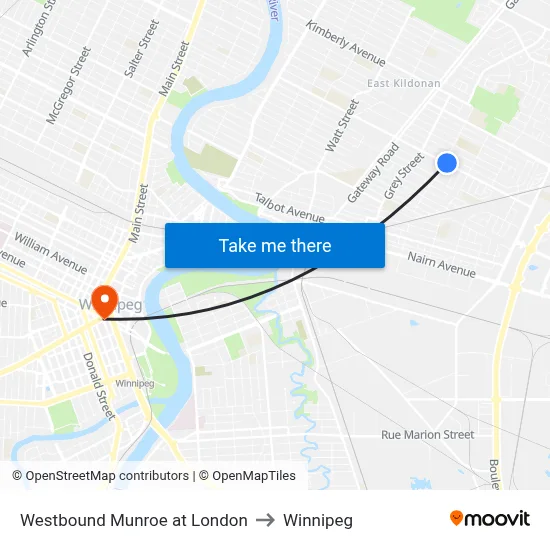 Westbound Munroe at London to Winnipeg map