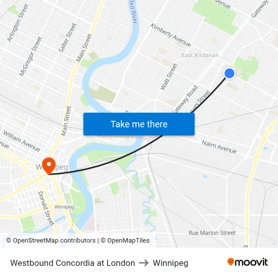 Westbound Concordia at London to Winnipeg map