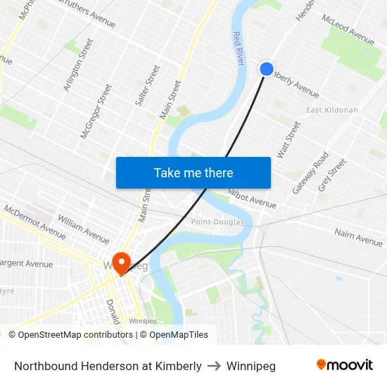 Northbound Henderson at Kimberly to Winnipeg map