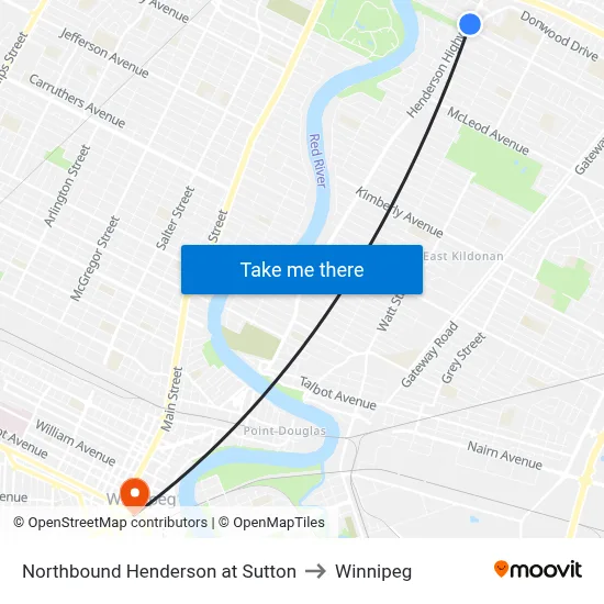 Northbound Henderson at Sutton to Winnipeg map
