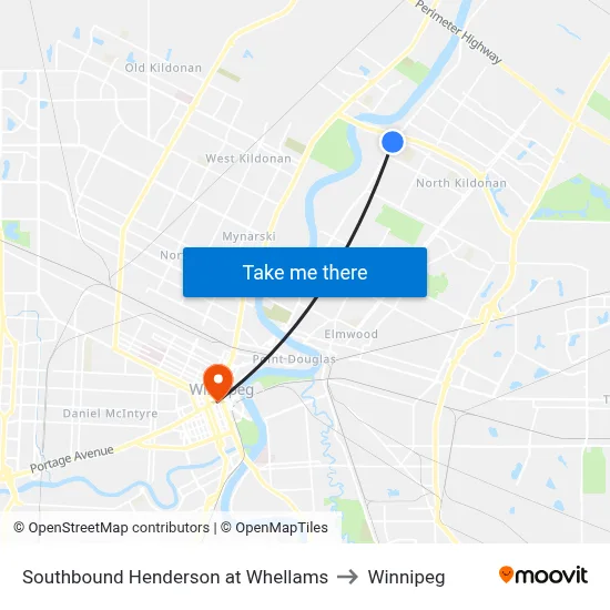 Southbound Henderson at Whellams to Winnipeg map