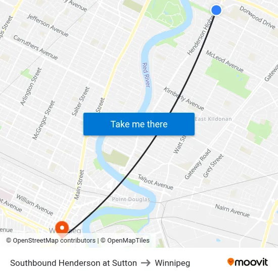 Southbound Henderson at Sutton to Winnipeg map