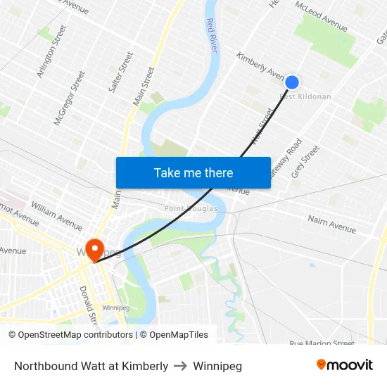 Northbound Watt at Kimberly to Winnipeg map