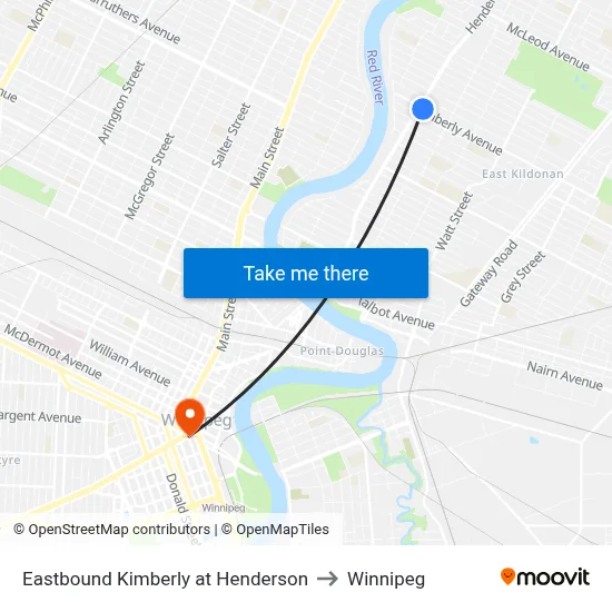 Eastbound Kimberly at Henderson to Winnipeg map