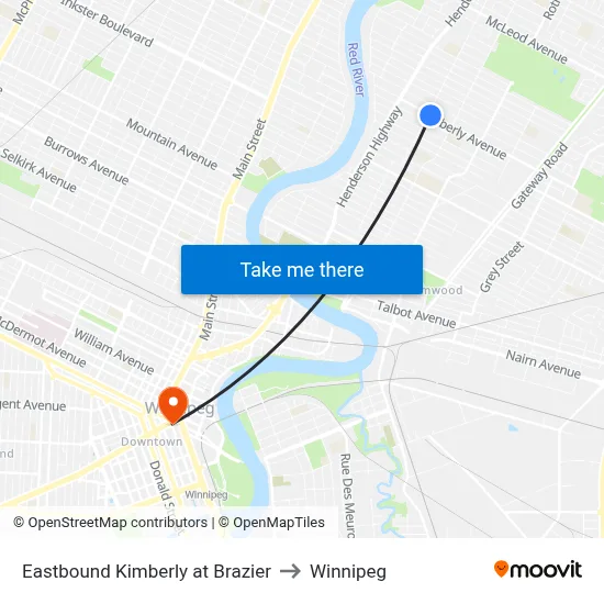 Eastbound Kimberly at Brazier to Winnipeg map