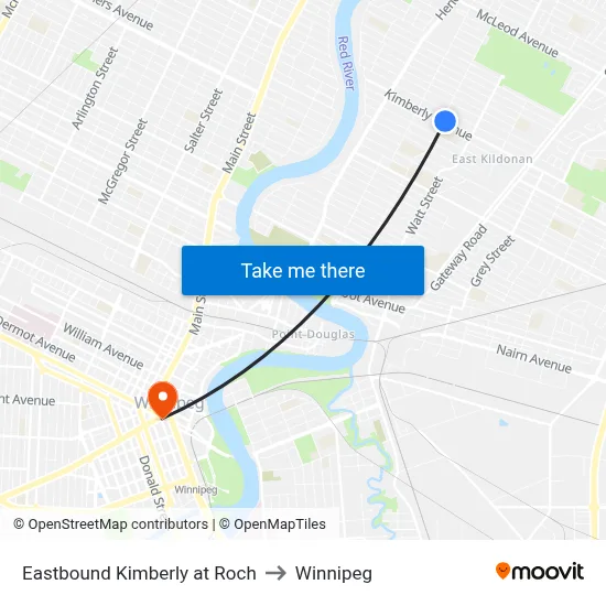 Eastbound Kimberly at Roch to Winnipeg map
