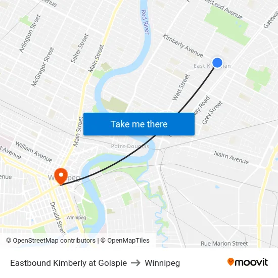 Eastbound Kimberly at Golspie to Winnipeg map