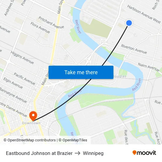 Eastbound Johnson at Brazier to Winnipeg map