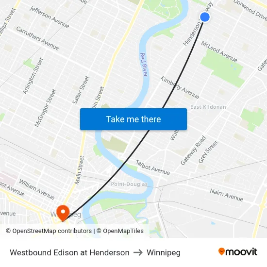 Westbound Edison at Henderson to Winnipeg map