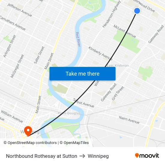 Northbound Rothesay at Sutton to Winnipeg map