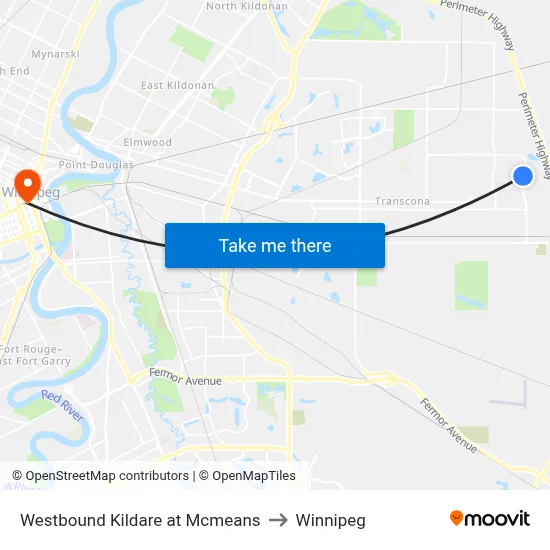Westbound Kildare at Mcmeans to Winnipeg map