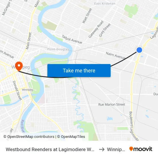 Westbound Reenders at Lagimodiere West to Winnipeg map