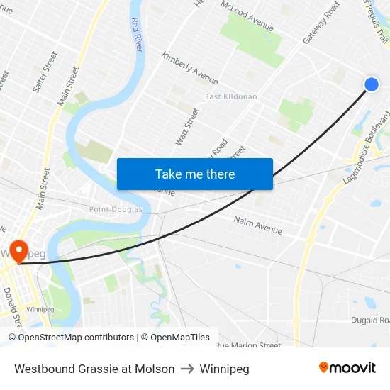 Westbound Grassie at Molson to Winnipeg map