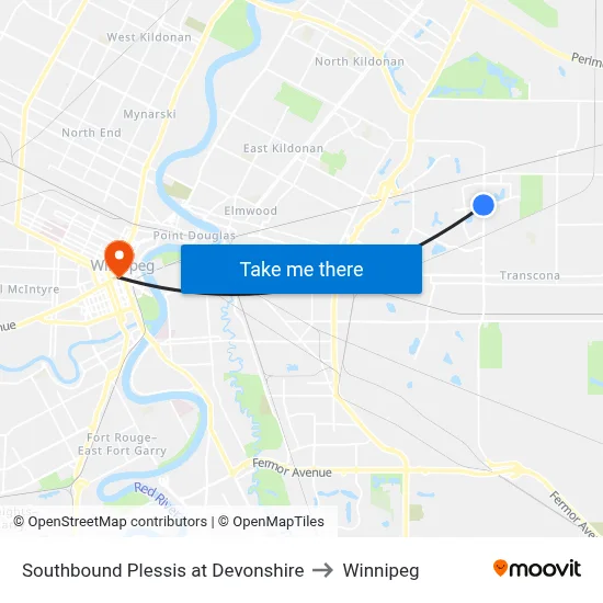 Southbound Plessis at Devonshire to Winnipeg map