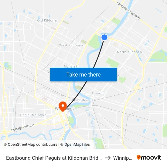 Eastbound Chief Peguis at Kildonan Bridge to Winnipeg map