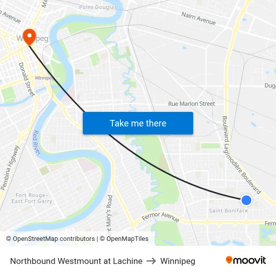 Northbound Westmount at Lachine to Winnipeg map