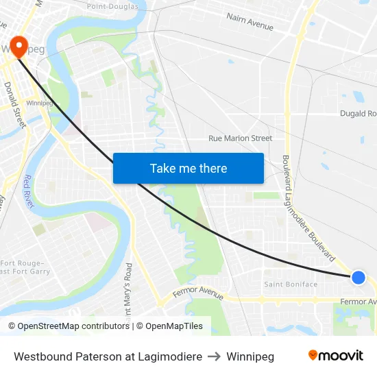 Westbound Paterson at Lagimodiere to Winnipeg map