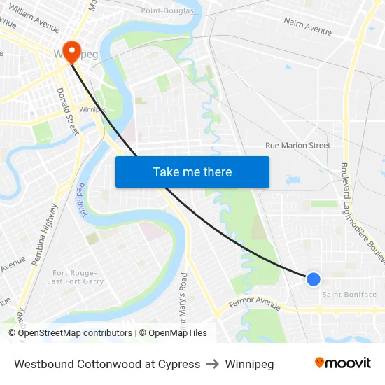 Westbound Cottonwood at Cypress to Winnipeg map
