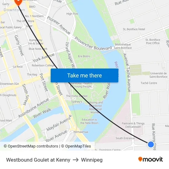 Westbound Goulet at Kenny to Winnipeg map